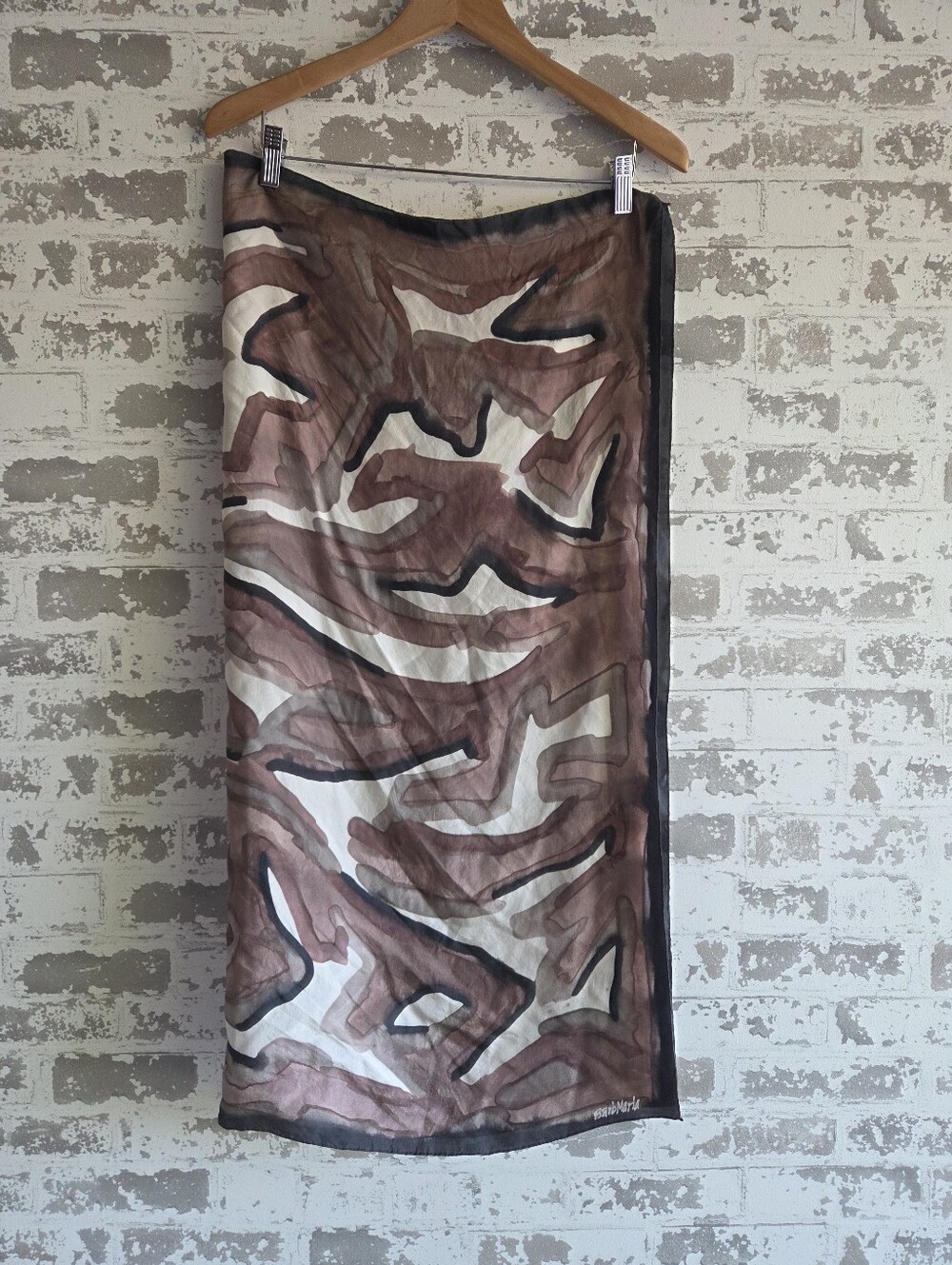 Barb Marla Vintage Hand Painted Silk Scarf Abstract Brown